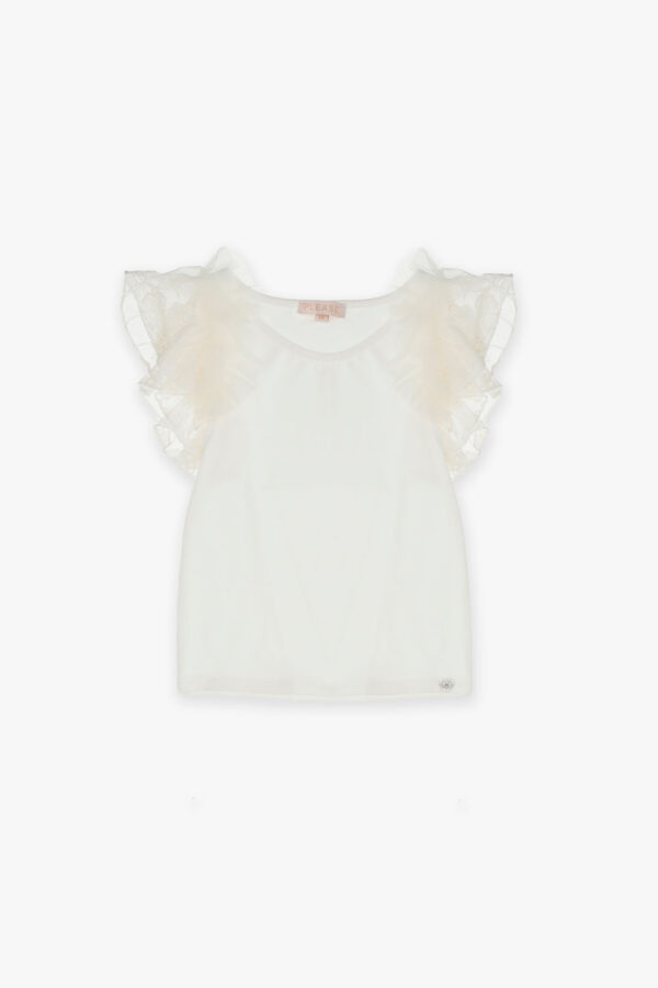 T-shirt bianca con maniche in pizzo e tulle PLEASE